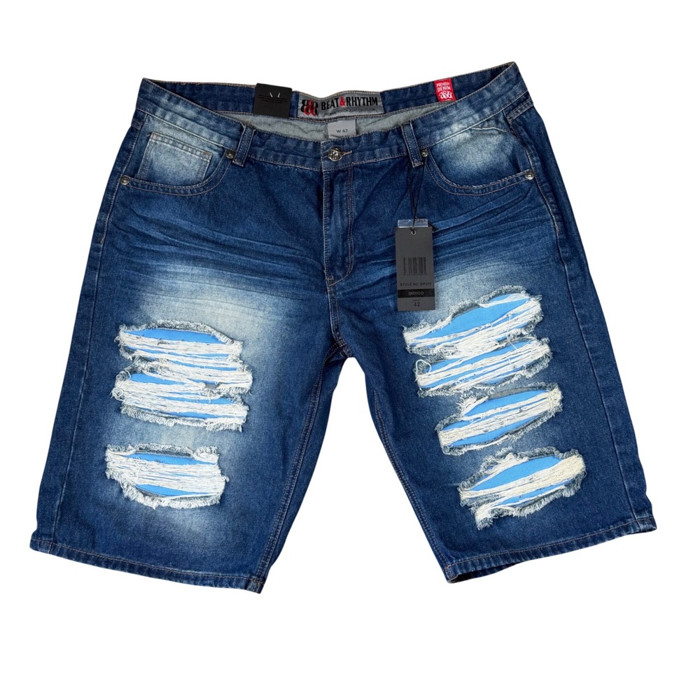 Beat & Rhythm Mens Indigo Distressed Denim Shorts Size‎ 42 Ripped DP258 NEW